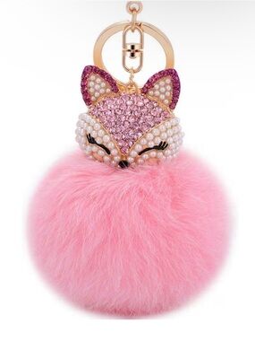 Light Pink Rhinestone Fox Fluffy bling  Pom-Pom Keychain. H-6.4”  W-3”. New.